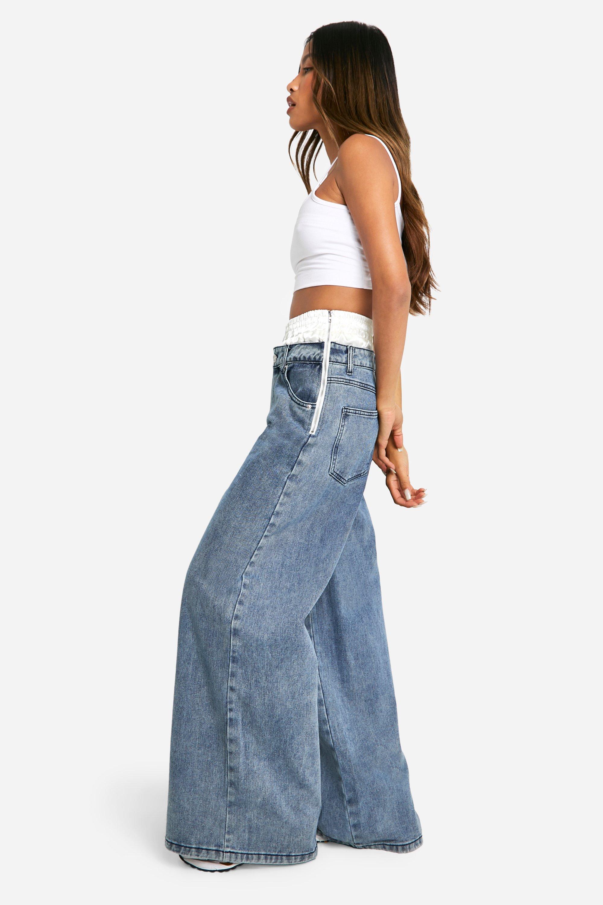 【INCHANT ME】930 Washing Semi-Wide Denim Satin Boxer Detail High Waisted Wide Leg Denim Jean | boohoo